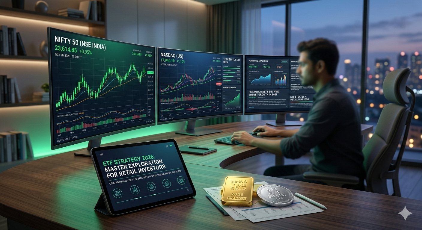 A professional investor's digital workshop in 2026 featuring live Nifty 50 and Nasdaq charts on curved glass monitors, with a tablet displaying "Best ETFs for Retail Investors India 2026" and physical gold and silver coins.