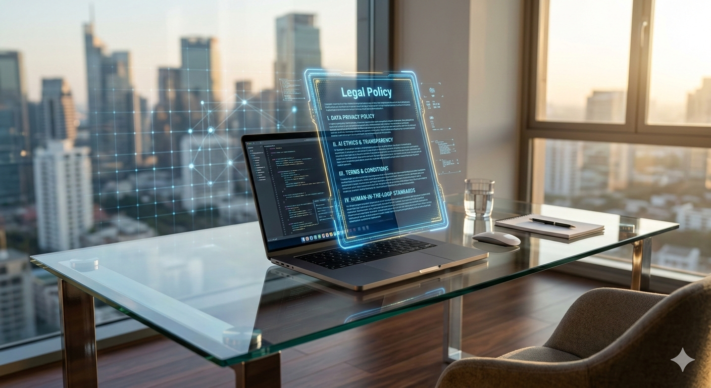 A high-tech glass desk with a holographic Legal Policy document floating over a laptop, symbolizing AI transparency and human editorial oversight in 2026.