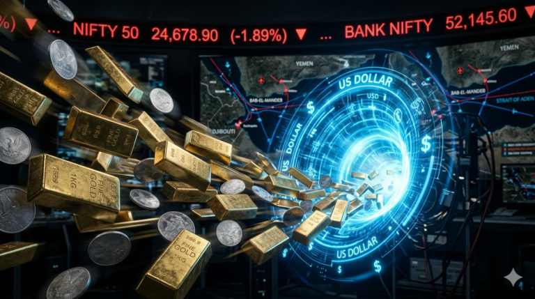 A cinematic representation explaining why is Gold and Silver falling during 2026 war through digital liquidation and institutional selling.