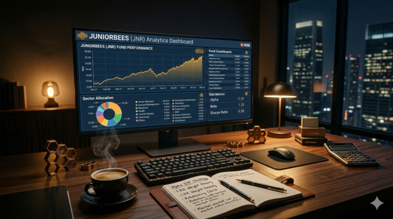 Cinematic visualization of an expert workspace featuring the JuniorBeES ETF growth chart on a holographic display.