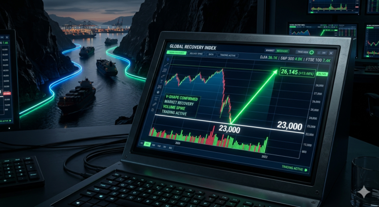 Technical chart showing Nifty 23000 Bear Trap Analysis March 2026 with maritime chokepoint icons.