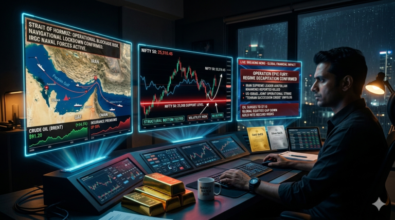 Technical chart analysis of Israel Iran war stock market impact 2026 showing Nifty 50 testing 25,000 support during Operation Epic Fury.