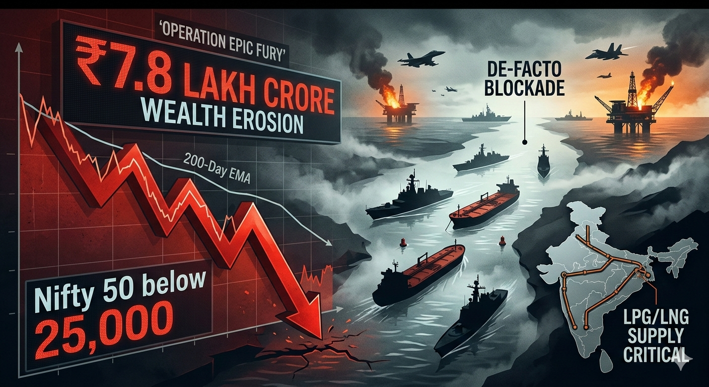 Editorial illustration depicting the conflict of Operation Epic Fury in the Middle East and its parallel effect causing a collapse in the Indian Nifty 50 stock index.